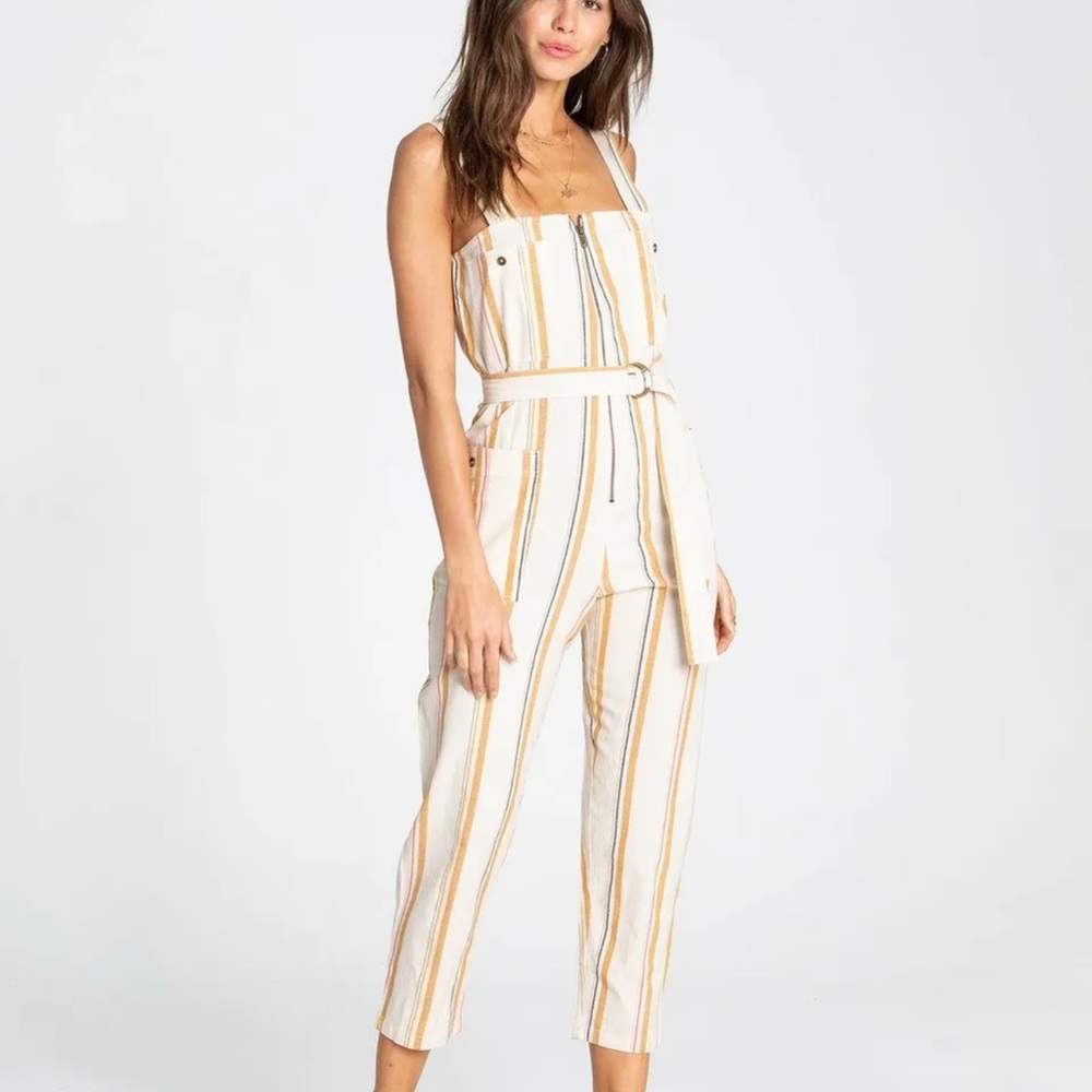 Billabong stripe light the night sleeveless cotton-flax blend jumpsuit Medium